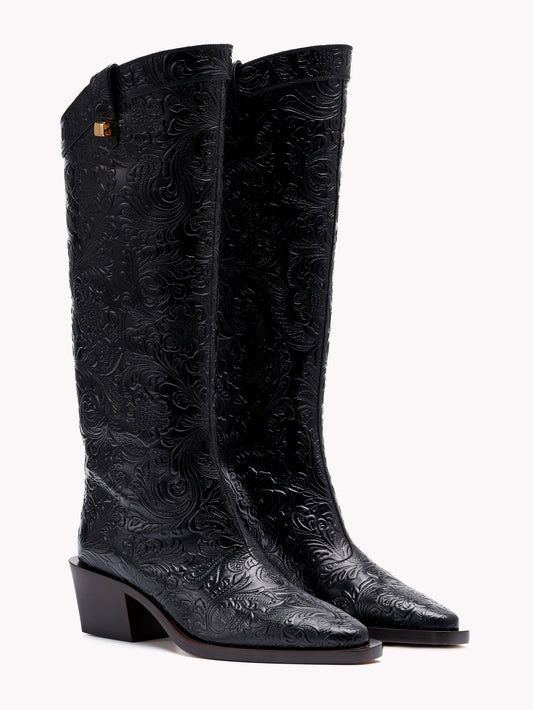 Trendy west boots in black floral leather with mid heels by Adriana Abascal Emanuele filiberto