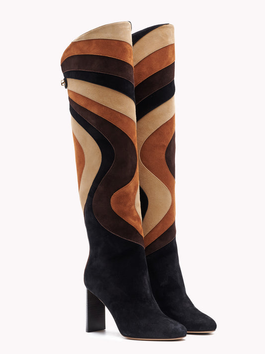 Bottes à talons Aurora Africa Mix en veau velours patchwork marron