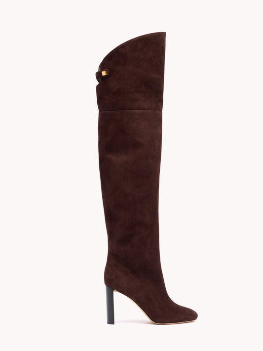 luxury brown suede calf thigh boots made in italy by adriana abascal Filiberto de Saboya