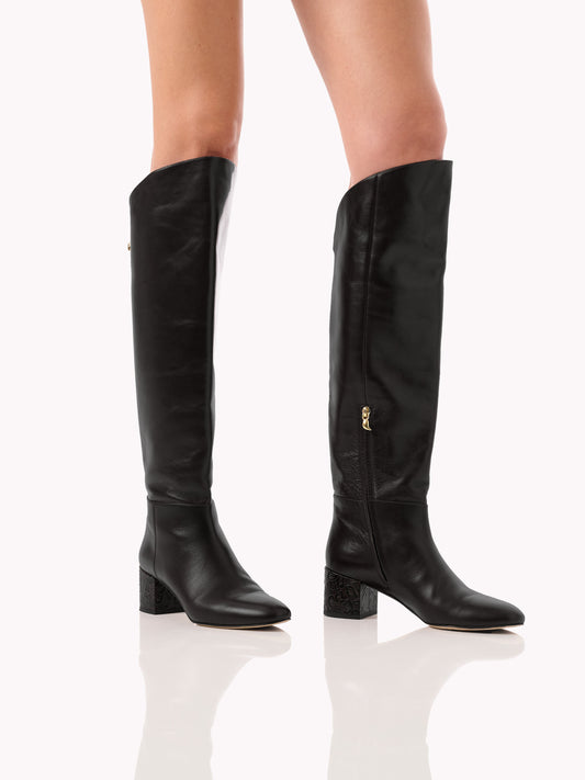 Bottes Adry Borgia en cuir noir et talons moyens embossé