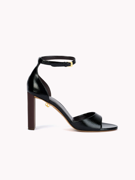 Black grained patent leather sandals with high-heels. By Adriana Abascal. Filiberto, Emanuele di Savoia, Clotilde Courau