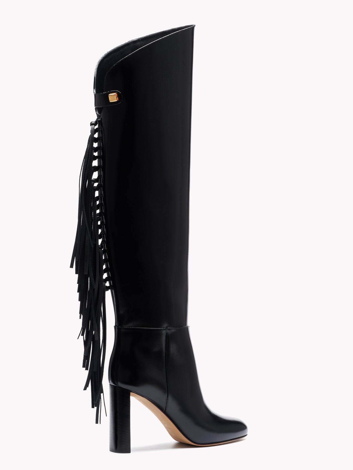 Adriana Calypso High-Heel black leather boots with fringes