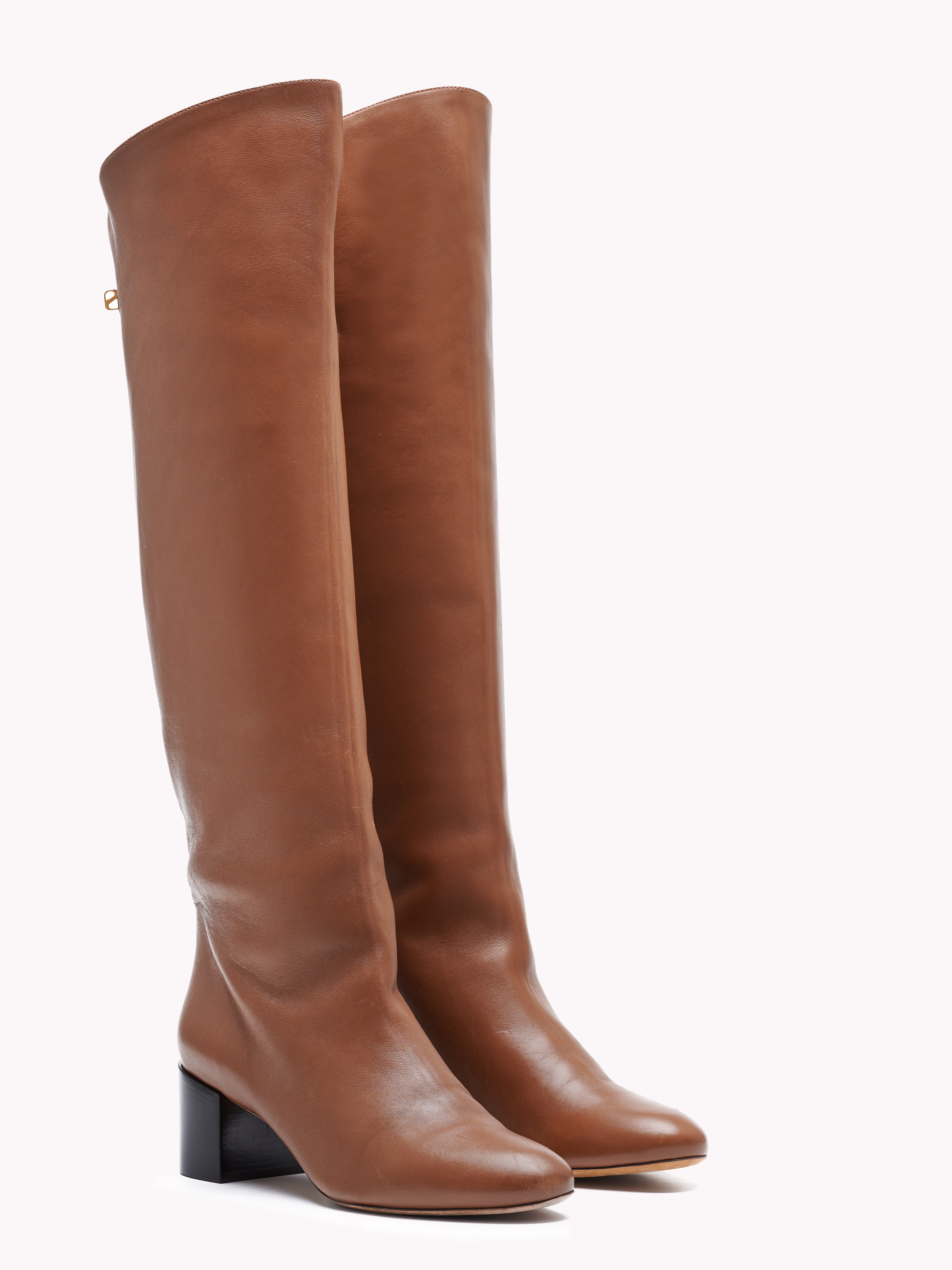 Skorpios I Adry Nappa Knee high cognac leather mid heel boots Maison Skorpios