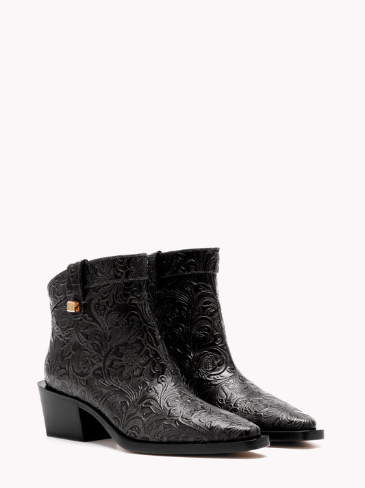 Bottines western Alexandra Borgia en cuir embossé floral noir