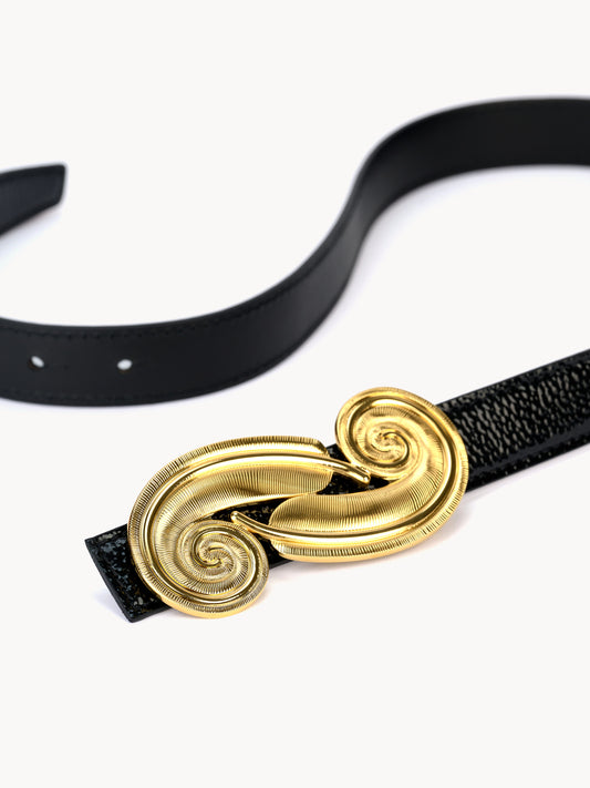 Original luxe belt black nappa grained patent leather with gold brass buckle maison Skorpios