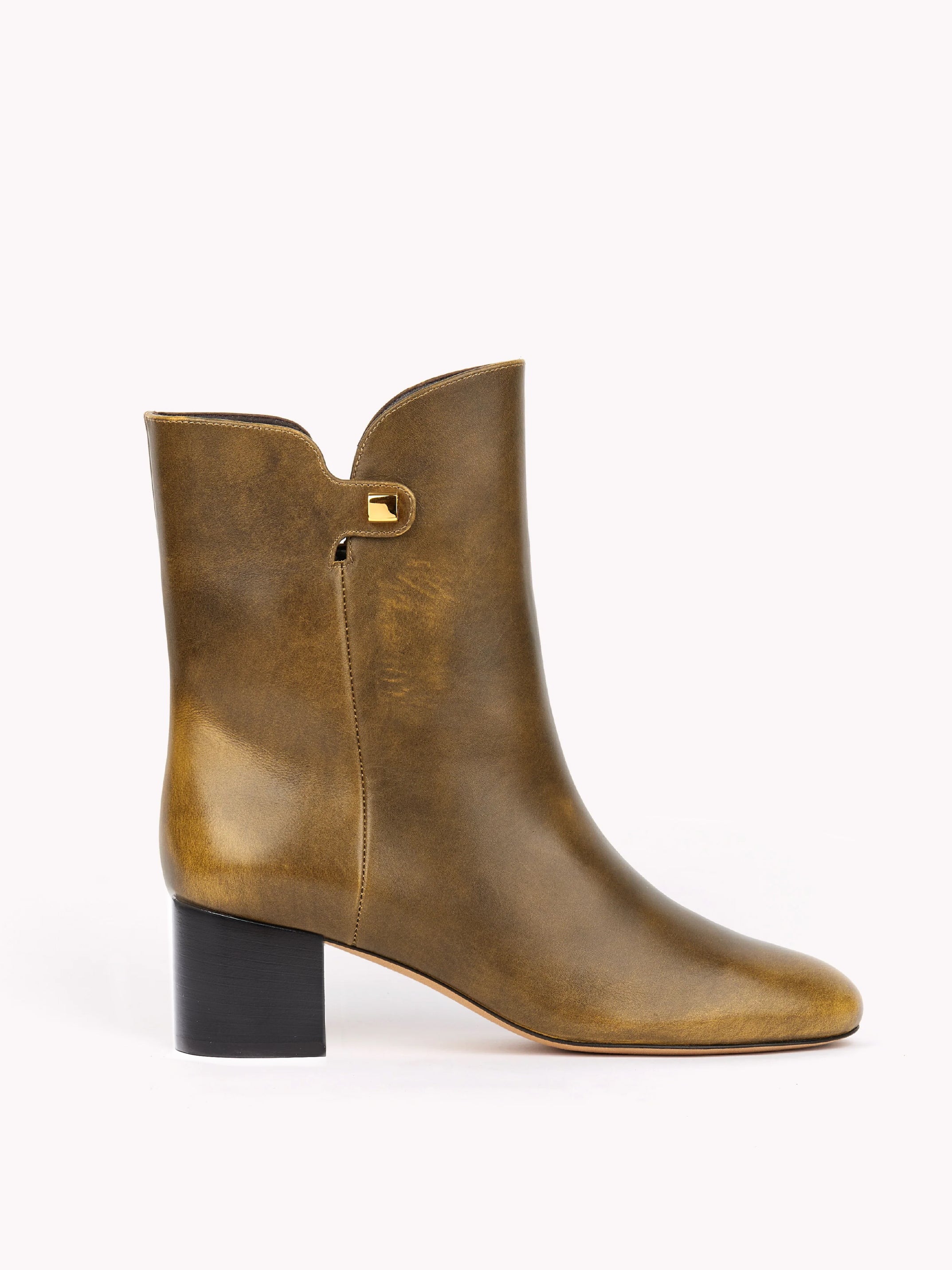 Skorpios I Gaby Mid heel golden brown leather ankle boots Maison Skorpios