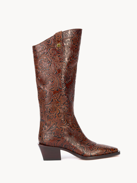 original and elegant santiag with floral embossed brown leather by adriana abascal Emanuele filiberto