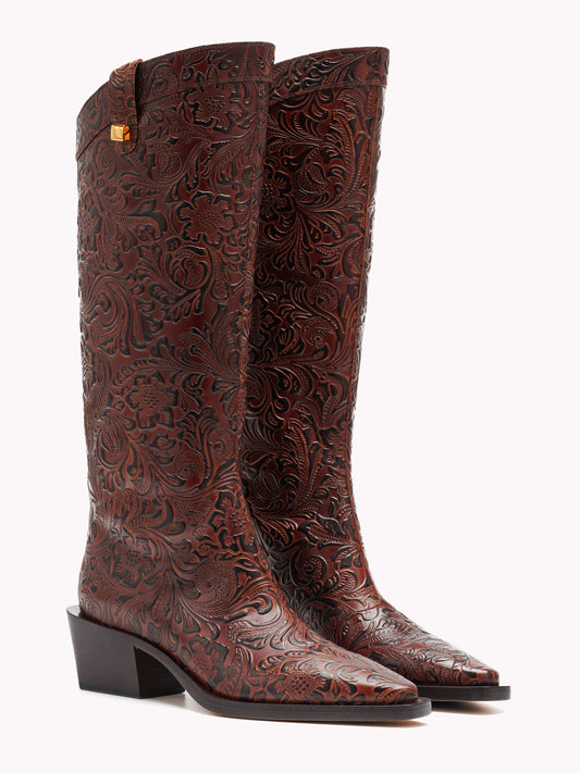 luxury brown west boots in trendy floral leather made in italy by adriana abascal Emanuele filiberto maison skorpios