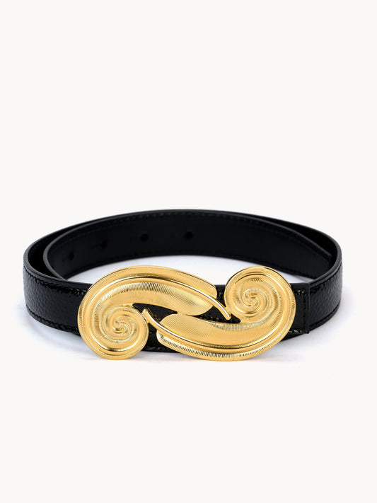 Baroque nappa black leather belt with golden brass buckle maison skorpios