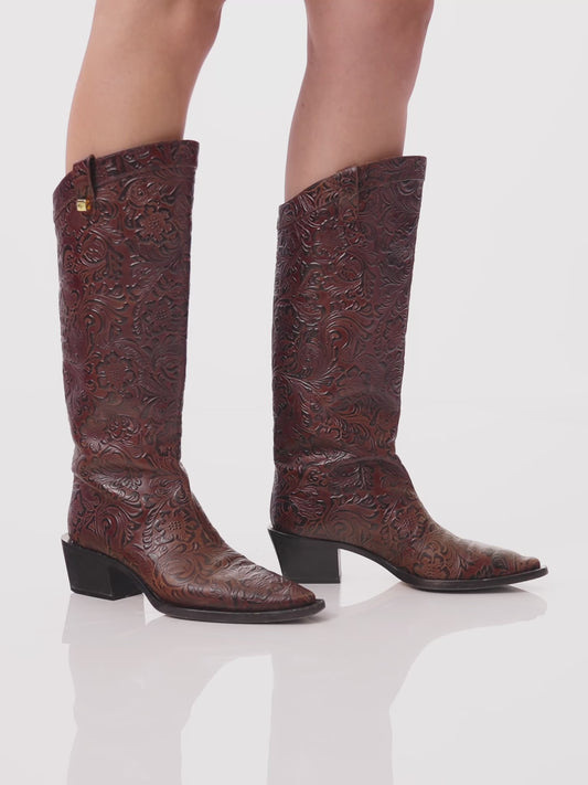 Casual elegant western boots with floral leather in brown by adriana abascal Emanuele filiberto