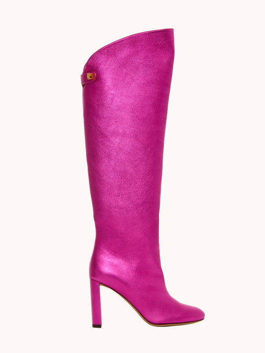 Bottes Adriana à talons en cuir nappa métallisé rose fuchsia