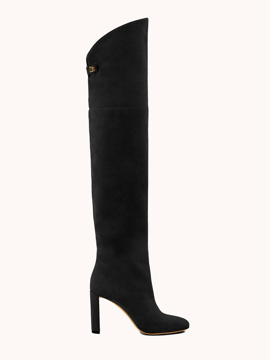 thigh high boots in black suede with high heels maison skorpios by adriana abascal emanuele filiberto