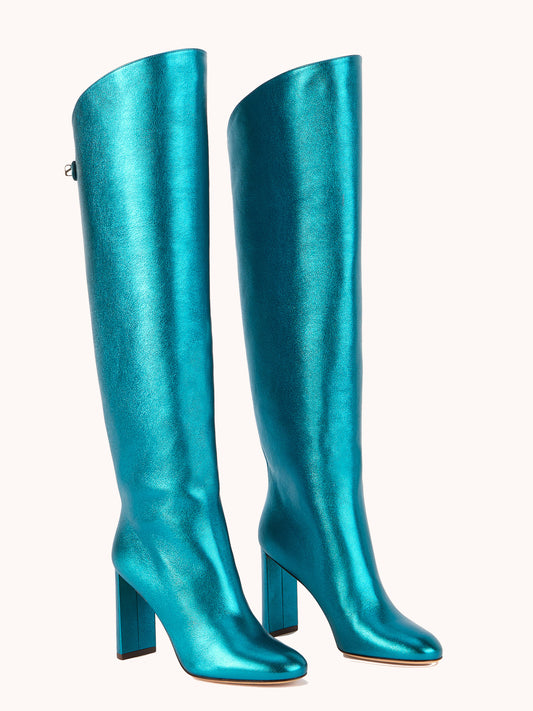 Bottes Adriana à talons  en cuir nappa métallisé turquoise