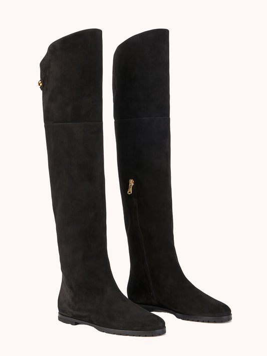 luxury black suede flat thigh high boots maison skorpios by adriana abascal emanuele filiberto di Savoia 