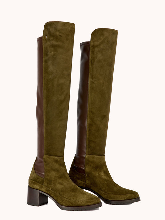 Emily Over The Knee Khaki Casual Suede Boots