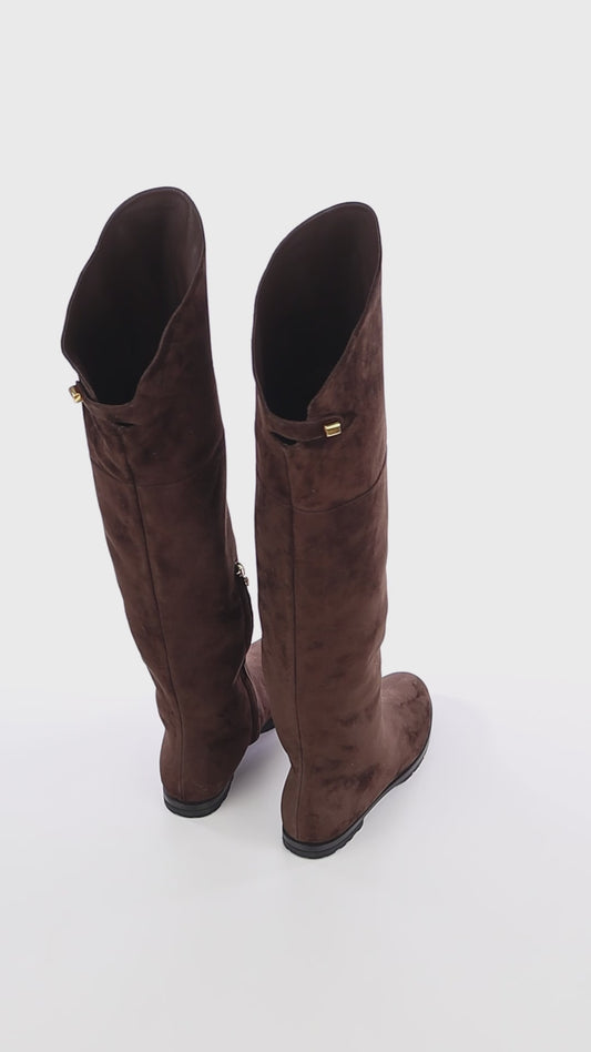 elegant brown suede over the knee flat boots skorpios